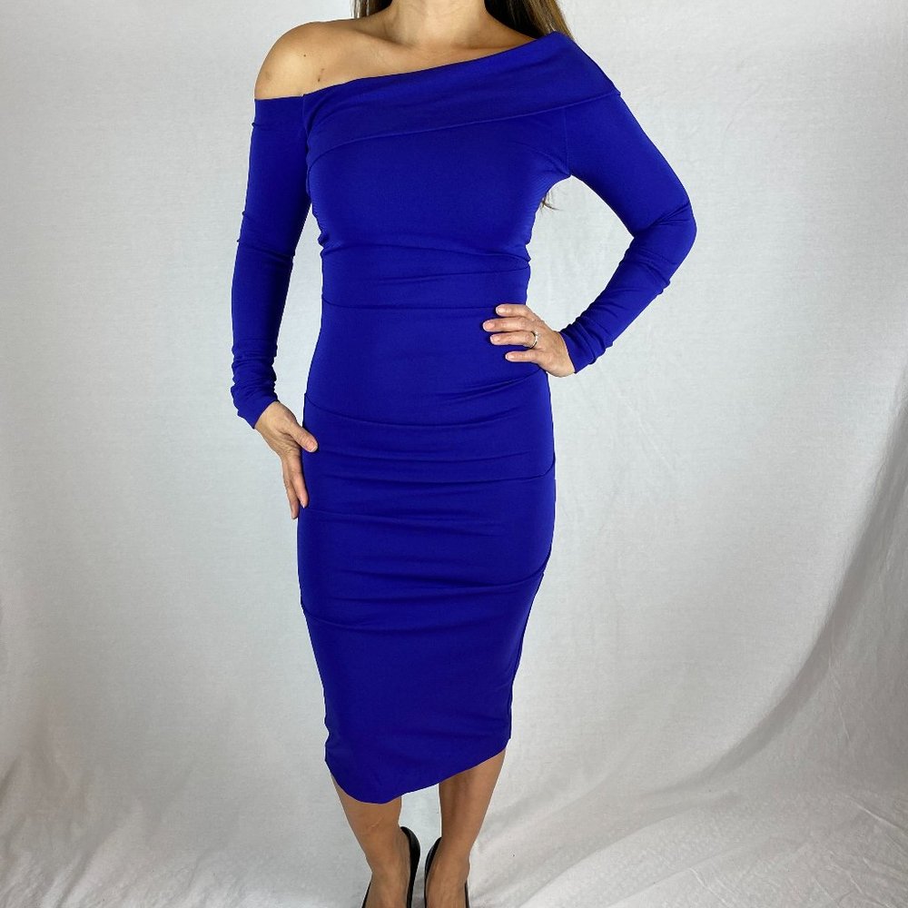 Nicole Miller Off Shoulder Blue Midi Dress